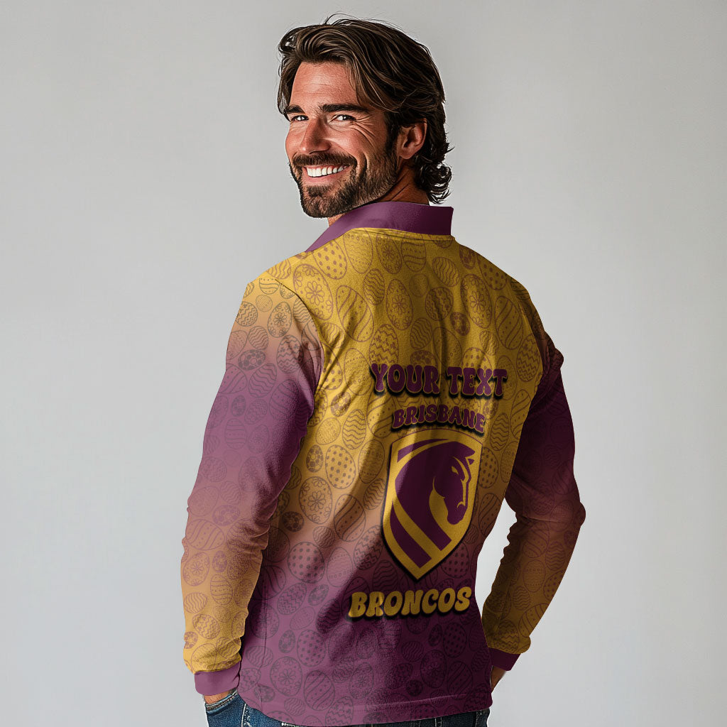 Personalized Brisbane Broncos Long Sleeve Polo Shirt Easter Mascot - Colorful Eggs Cartoon Style