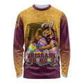 Personalized Brisbane Broncos Long Sleeve Shirt Easter Mascot - Colorful Eggs Cartoon Style