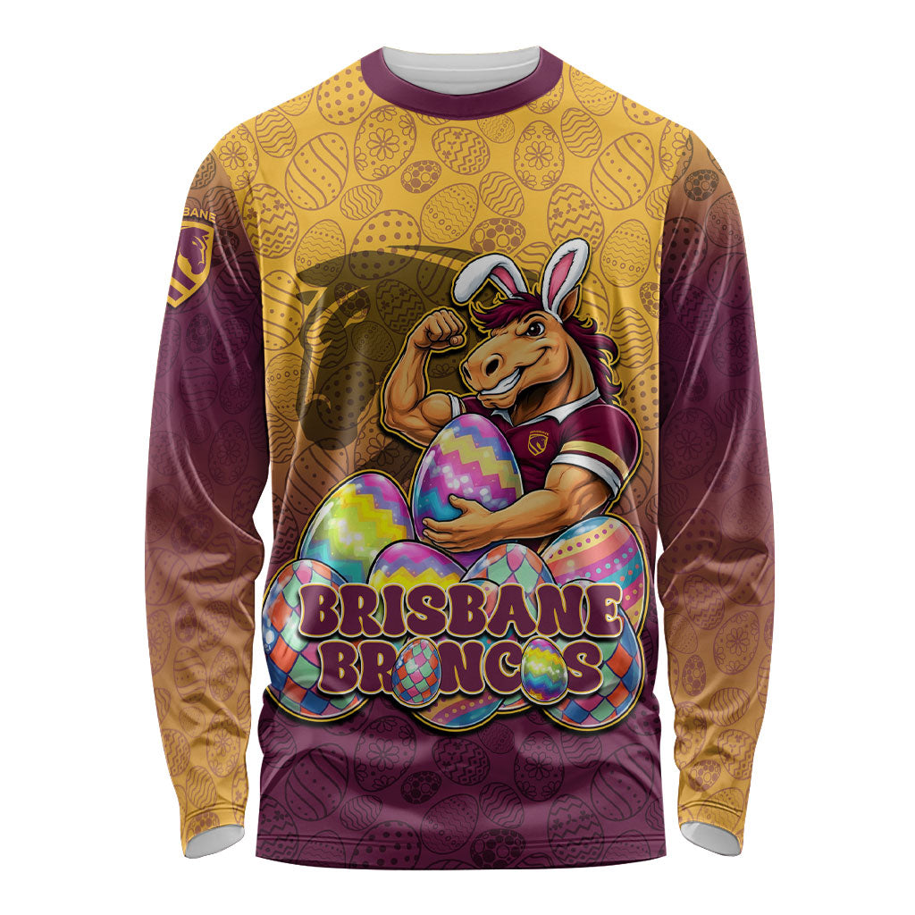 Personalized Brisbane Broncos Long Sleeve Shirt Easter Mascot - Colorful Eggs Cartoon Style