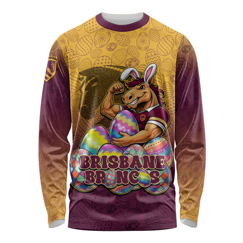 Personalized Brisbane Broncos Long Sleeve Shirt Easter Mascot - Colorful Eggs Cartoon Style
