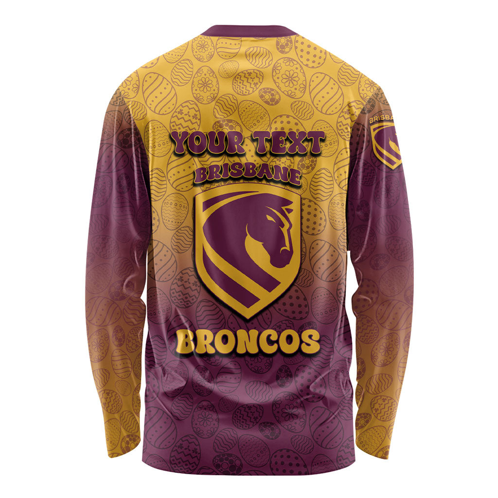 Personalized Brisbane Broncos Long Sleeve Shirt Easter Mascot - Colorful Eggs Cartoon Style