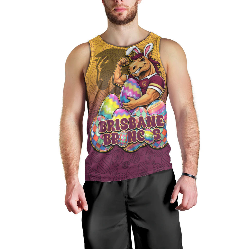 Personalized Brisbane Broncos Men Tank Top Easter Mascot - Colorful Eggs Cartoon Style