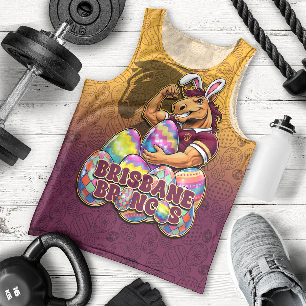Personalized Brisbane Broncos Men Tank Top Easter Mascot - Colorful Eggs Cartoon Style