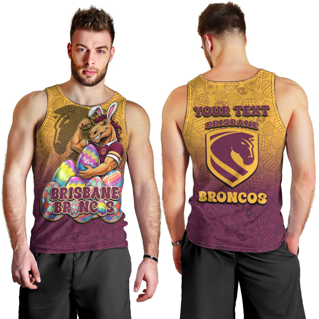 Personalized Brisbane Broncos Men Tank Top Easter Mascot - Colorful Eggs Cartoon Style