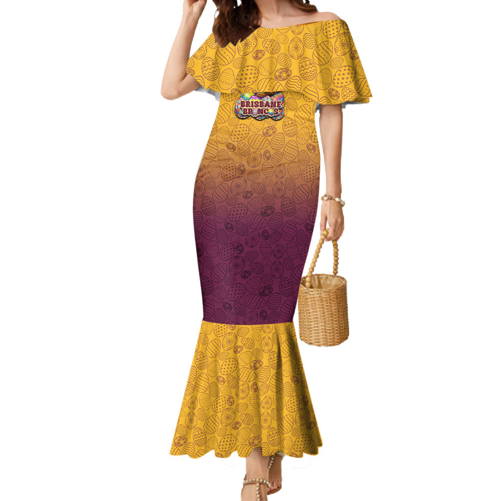 Personalized Brisbane Broncos Mermaid Dress Easter Mascot - Colorful Eggs Cartoon Style