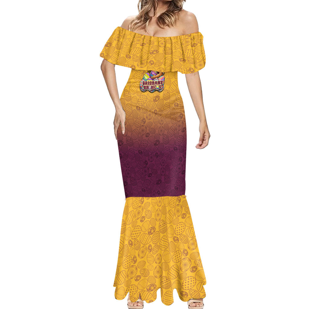 Personalized Brisbane Broncos Mermaid Dress Easter Mascot - Colorful Eggs Cartoon Style
