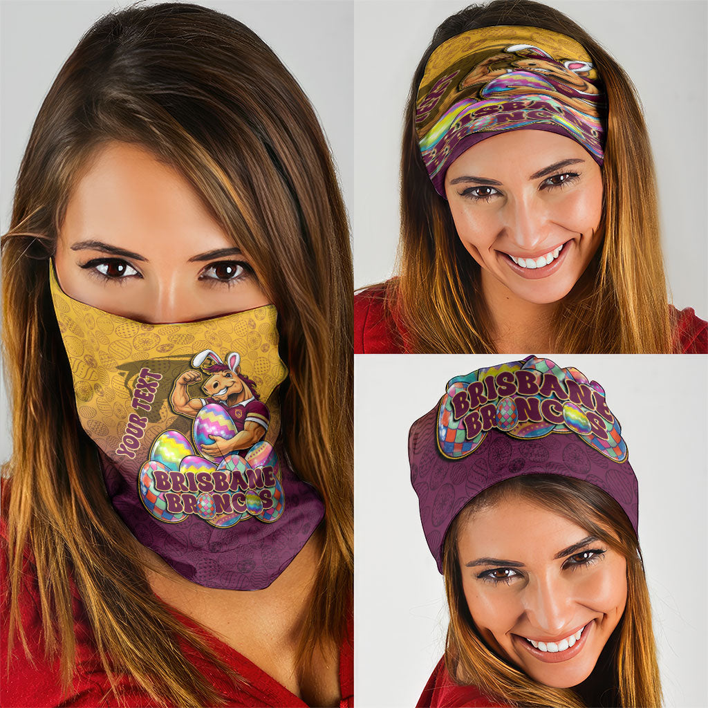 Personalized Brisbane Broncos Neck Gaiter Easter Mascot - Colorful Eggs Cartoon Style