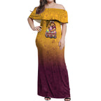 Personalized Brisbane Broncos Off Shoulder Maxi Dress Easter Mascot - Colorful Eggs Cartoon Style