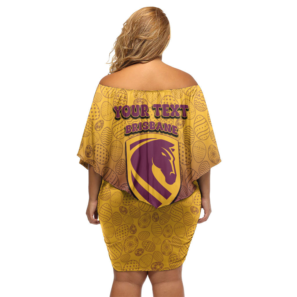 Personalized Brisbane Broncos Off Shoulder Short Dress Easter Mascot - Colorful Eggs Cartoon Style