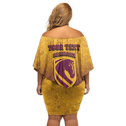 Personalized Brisbane Broncos Off Shoulder Short Dress Easter Mascot - Colorful Eggs Cartoon Style