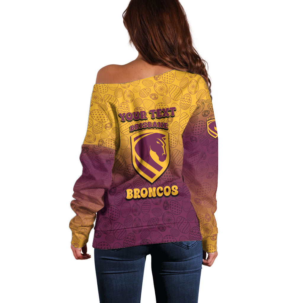 Personalized Brisbane Broncos Off Shoulder Sweater Easter Mascot - Colorful Eggs Cartoon Style
