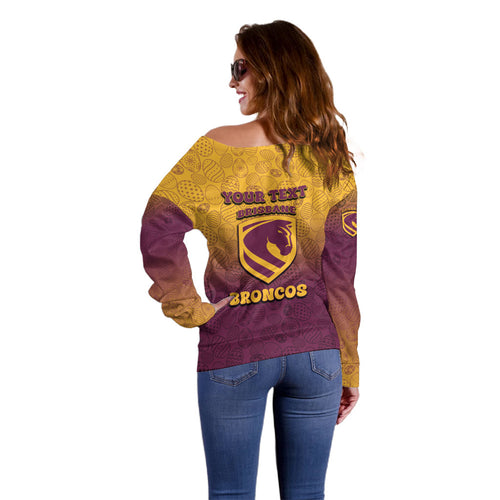 Personalized Brisbane Broncos Off Shoulder Sweater Easter Mascot - Colorful Eggs Cartoon Style