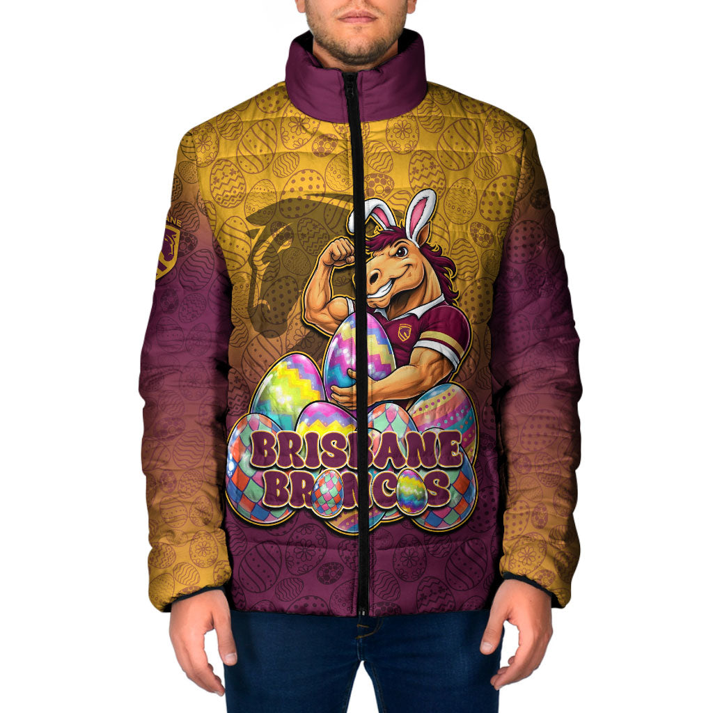 Personalized Brisbane Broncos Padded Jacket Easter Mascot - Colorful Eggs Cartoon Style