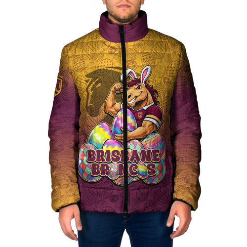 Personalized Brisbane Broncos Padded Jacket Easter Mascot - Colorful Eggs Cartoon Style