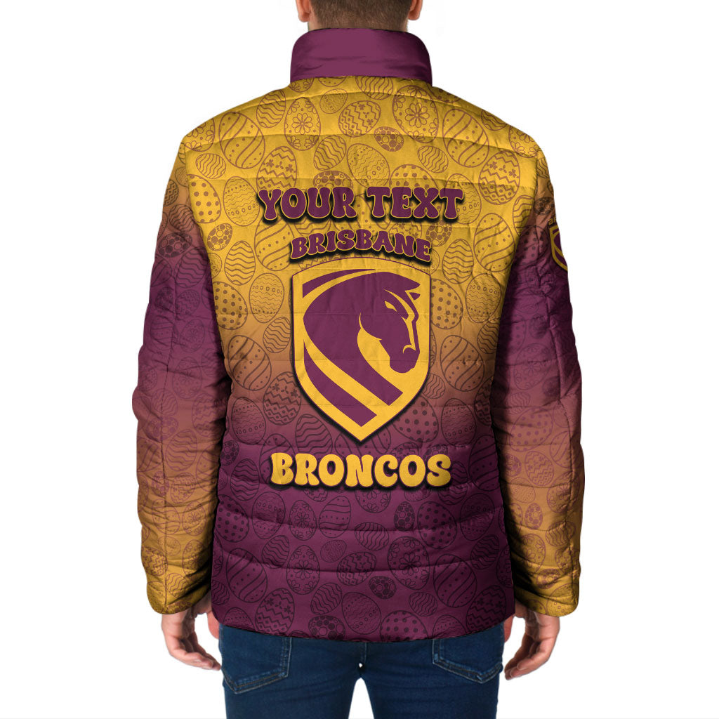 Personalized Brisbane Broncos Padded Jacket Easter Mascot - Colorful Eggs Cartoon Style