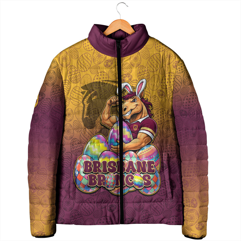 Personalized Brisbane Broncos Padded Jacket Easter Mascot - Colorful Eggs Cartoon Style