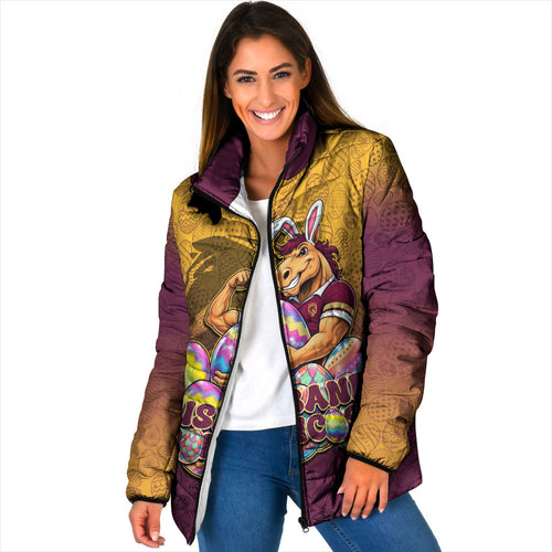 Personalized Brisbane Broncos Padded Jacket Easter Mascot - Colorful Eggs Cartoon Style