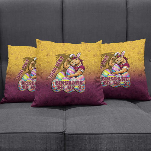 Personalized Brisbane Broncos Pillow Cover Easter Mascot - Colorful Eggs Cartoon Style