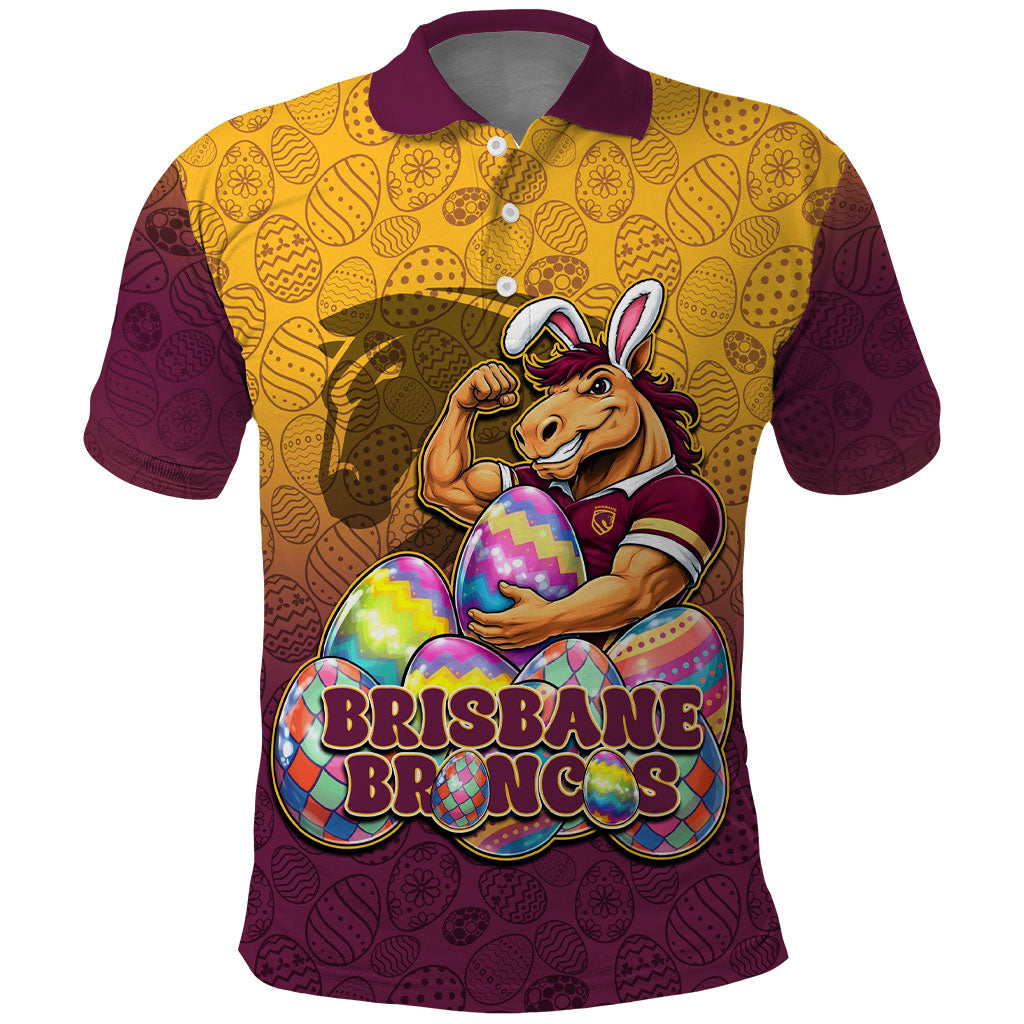 Personalized Brisbane Broncos Polo Shirt Easter Mascot - Colorful Eggs Cartoon Style
