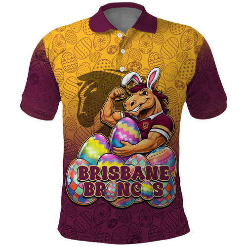 Personalized Brisbane Broncos Polo Shirt Easter Mascot - Colorful Eggs Cartoon Style