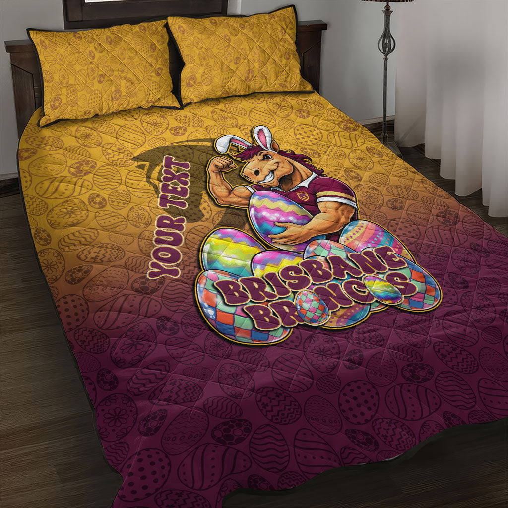 Personalized Brisbane Broncos Quilt Bed Set Easter Mascot - Colorful Eggs Cartoon Style