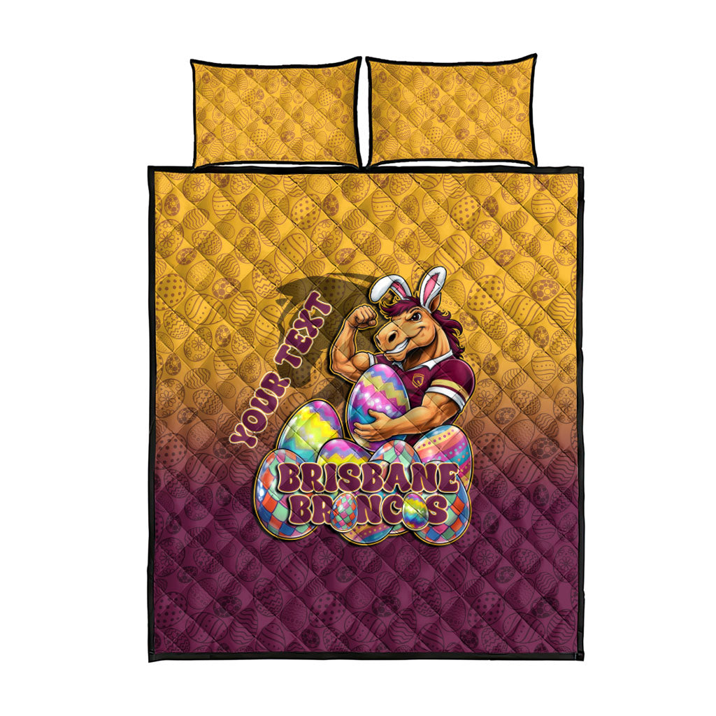 Personalized Brisbane Broncos Quilt Bed Set Easter Mascot - Colorful Eggs Cartoon Style