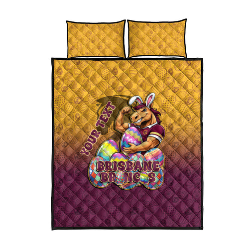 Personalized Brisbane Broncos Quilt Bed Set Easter Mascot - Colorful Eggs Cartoon Style