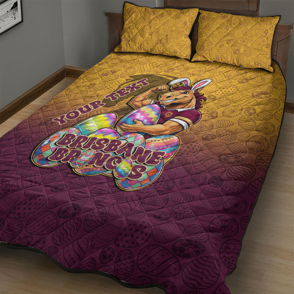 Personalized Brisbane Broncos Quilt Bed Set Easter Mascot - Colorful Eggs Cartoon Style