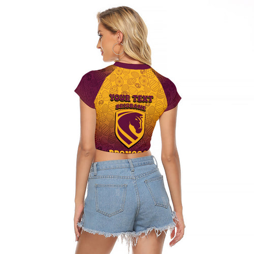 Personalized Brisbane Broncos Raglan Cropped T Shirt Easter Mascot - Colorful Eggs Cartoon Style