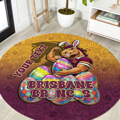 Personalized Brisbane Broncos Round Carpet Easter Mascot - Colorful Eggs Cartoon Style