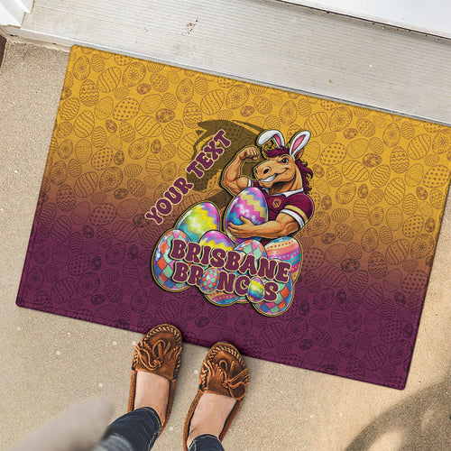 Personalized Brisbane Broncos Rubber Doormat Easter Mascot - Colorful Eggs Cartoon Style