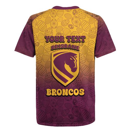 Personalized Brisbane Broncos Rugby Jersey Easter Mascot - Colorful Eggs Cartoon Style
