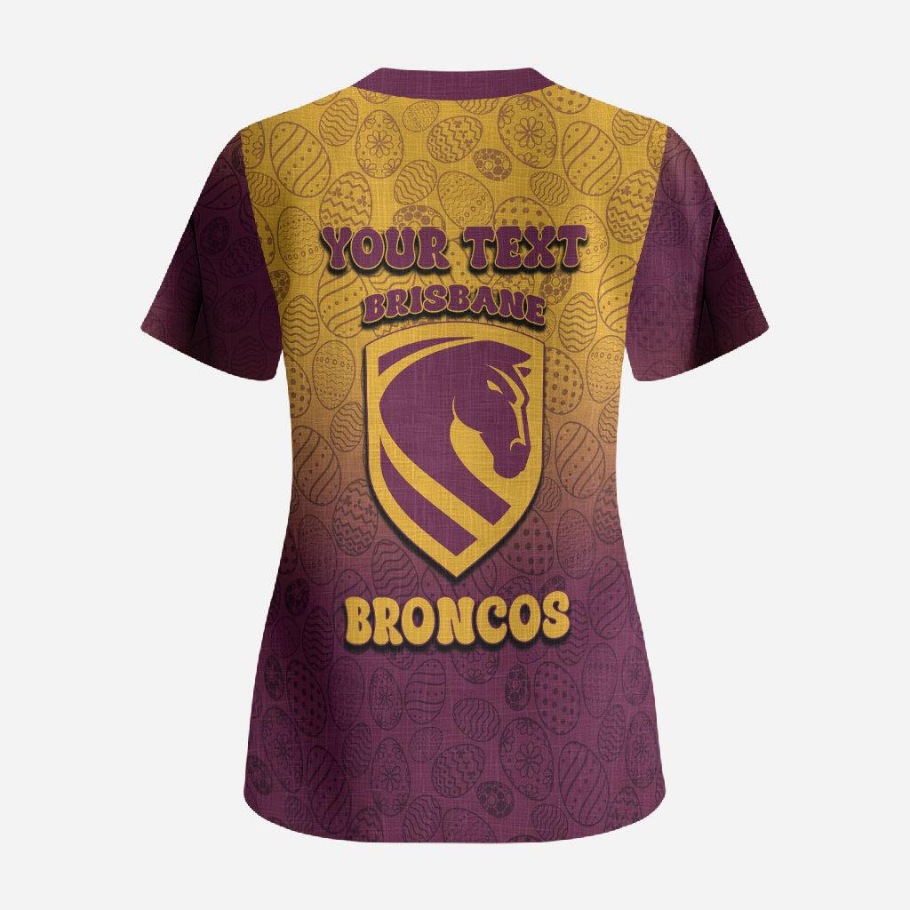 Personalized Brisbane Broncos Scrub Top Easter Mascot - Colorful Eggs Cartoon Style