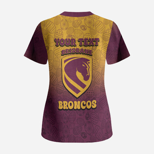 Personalized Brisbane Broncos Scrub Top Easter Mascot - Colorful Eggs Cartoon Style