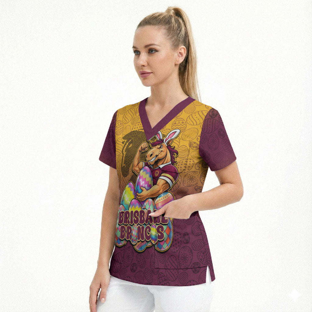 Personalized Brisbane Broncos Scrub Top Easter Mascot - Colorful Eggs Cartoon Style