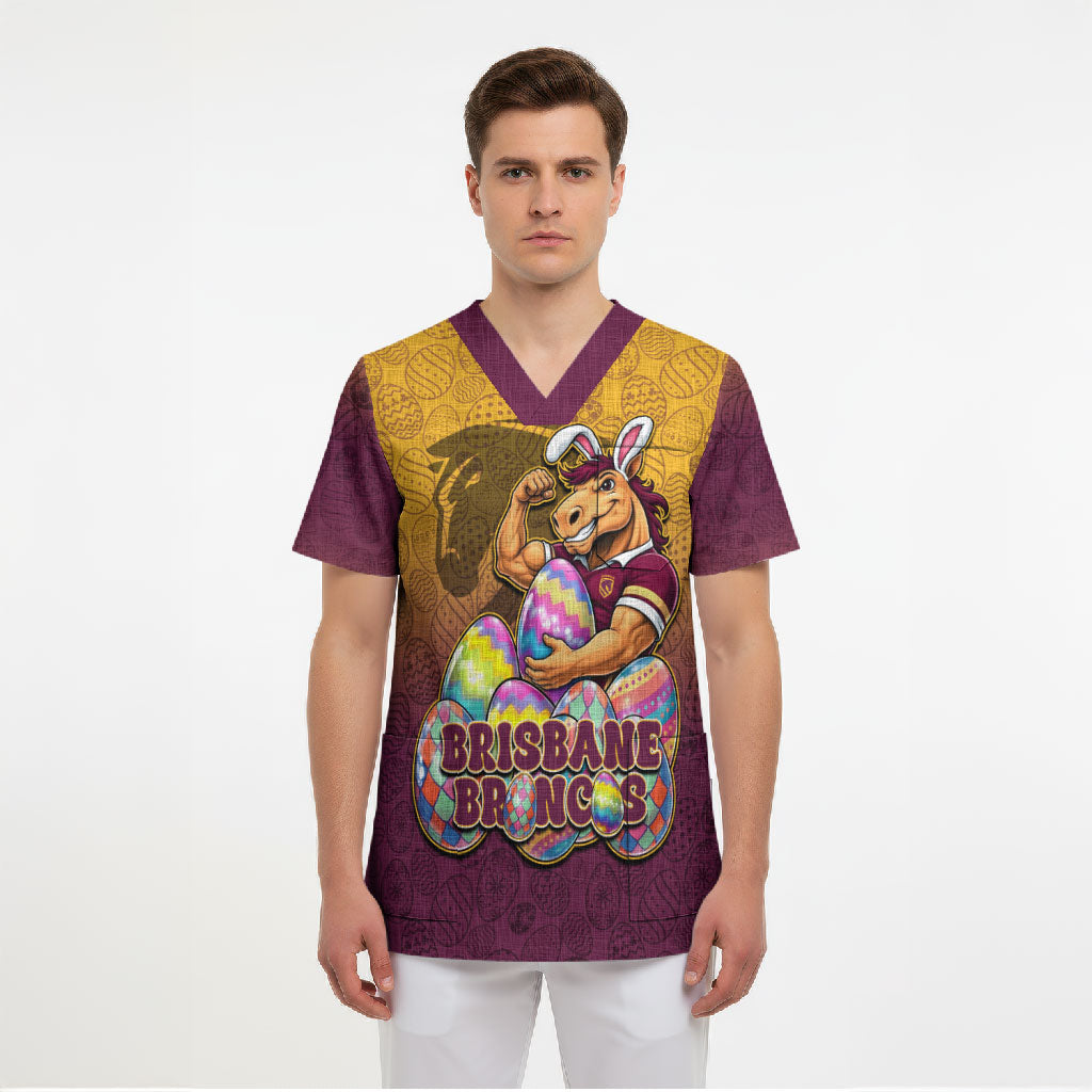 Personalized Brisbane Broncos Scrub Top Easter Mascot - Colorful Eggs Cartoon Style