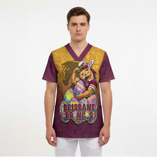Personalized Brisbane Broncos Scrub Top Easter Mascot - Colorful Eggs Cartoon Style