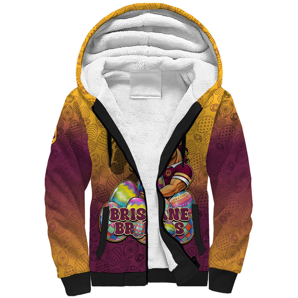 Personalized Brisbane Broncos Sherpa Hoodie Easter Mascot - Colorful Eggs Cartoon Style