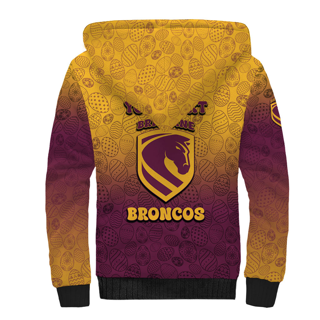 Personalized Brisbane Broncos Sherpa Hoodie Easter Mascot - Colorful Eggs Cartoon Style