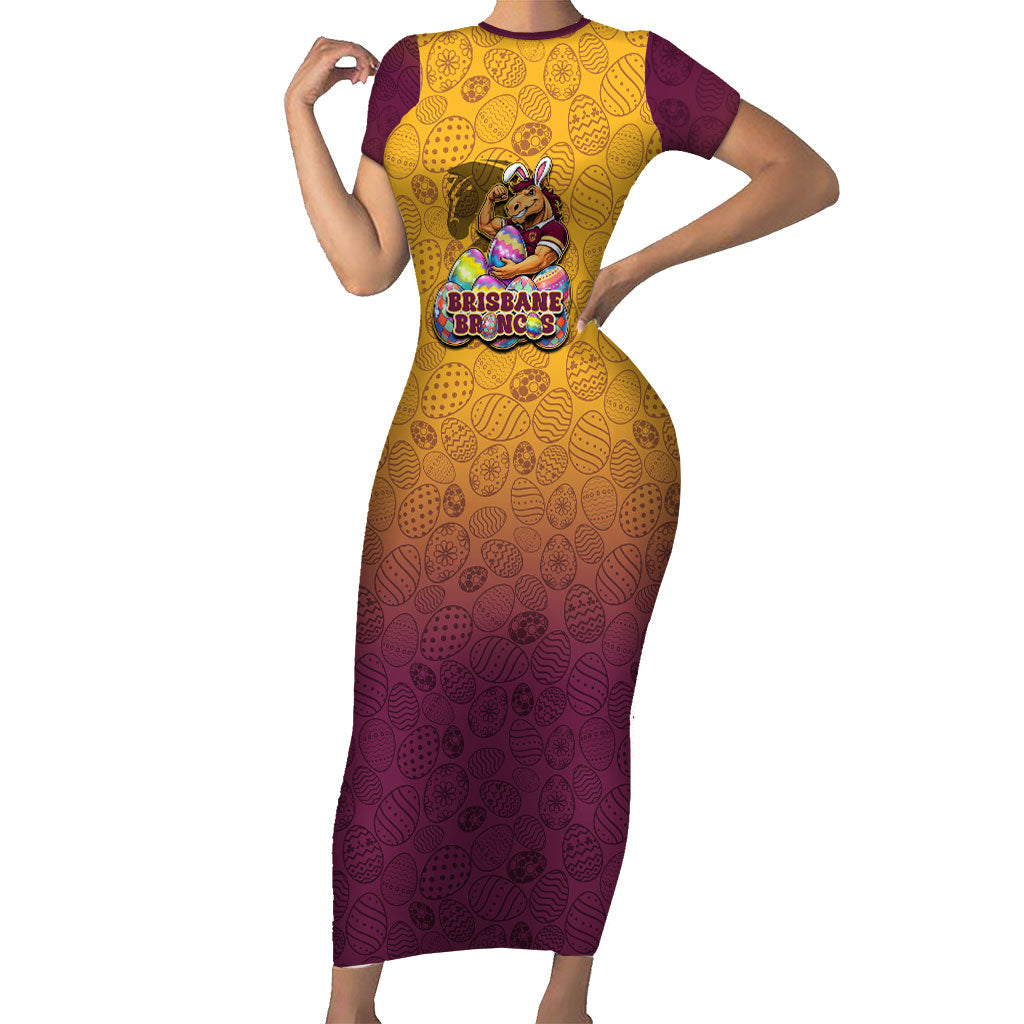 Personalized Brisbane Broncos Short Sleeve Bodycon Dress Easter Mascot - Colorful Eggs Cartoon Style