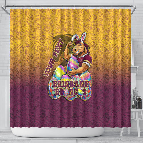 Personalized Brisbane Broncos Shower Curtain Easter Mascot - Colorful Eggs Cartoon Style