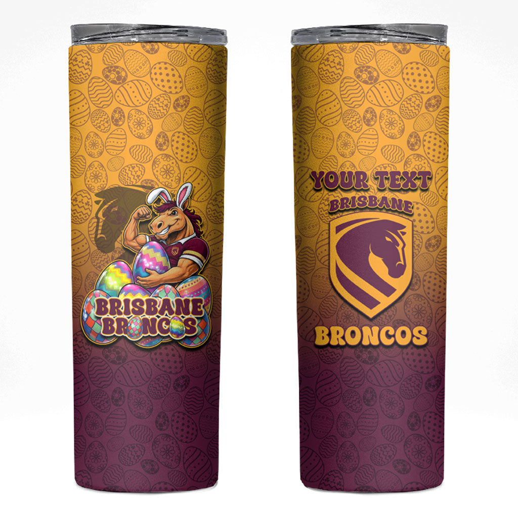 Personalized Brisbane Broncos Skinny Tumbler Easter Mascot - Colorful Eggs Cartoon Style