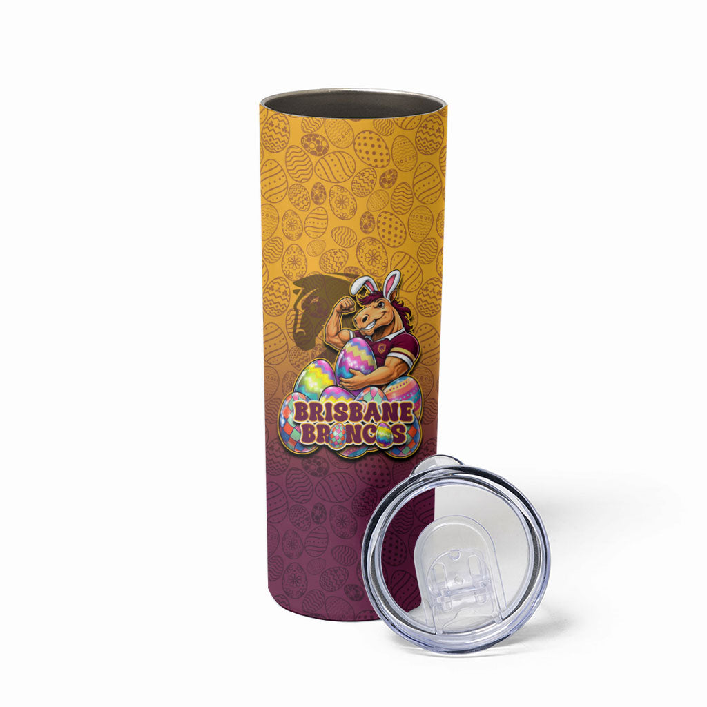 Personalized Brisbane Broncos Skinny Tumbler Easter Mascot - Colorful Eggs Cartoon Style