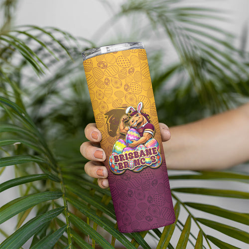 Personalized Brisbane Broncos Skinny Tumbler Easter Mascot - Colorful Eggs Cartoon Style