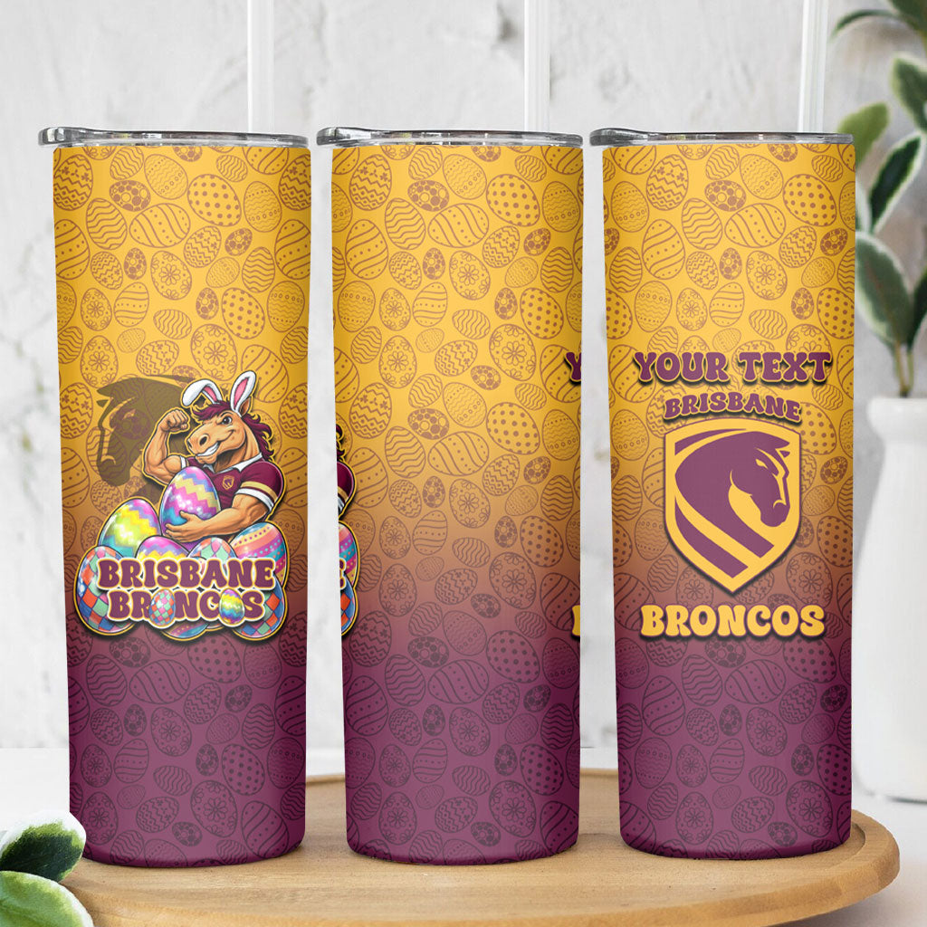 Personalized Brisbane Broncos Skinny Tumbler Easter Mascot - Colorful Eggs Cartoon Style