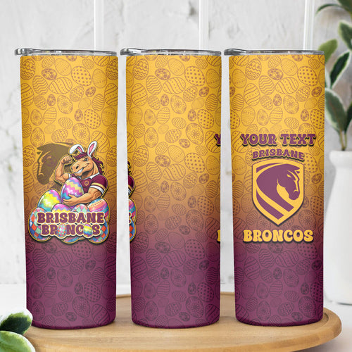 Personalized Brisbane Broncos Skinny Tumbler Easter Mascot - Colorful Eggs Cartoon Style