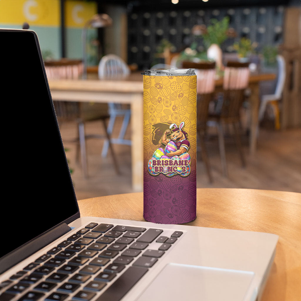 Personalized Brisbane Broncos Skinny Tumbler Easter Mascot - Colorful Eggs Cartoon Style
