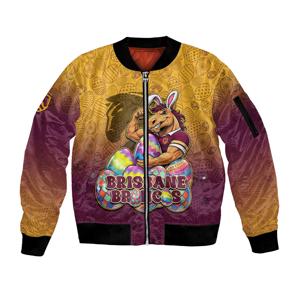 Personalized Brisbane Broncos Sleeve Zip Bomber Jacket Easter Mascot - Colorful Eggs Cartoon Style