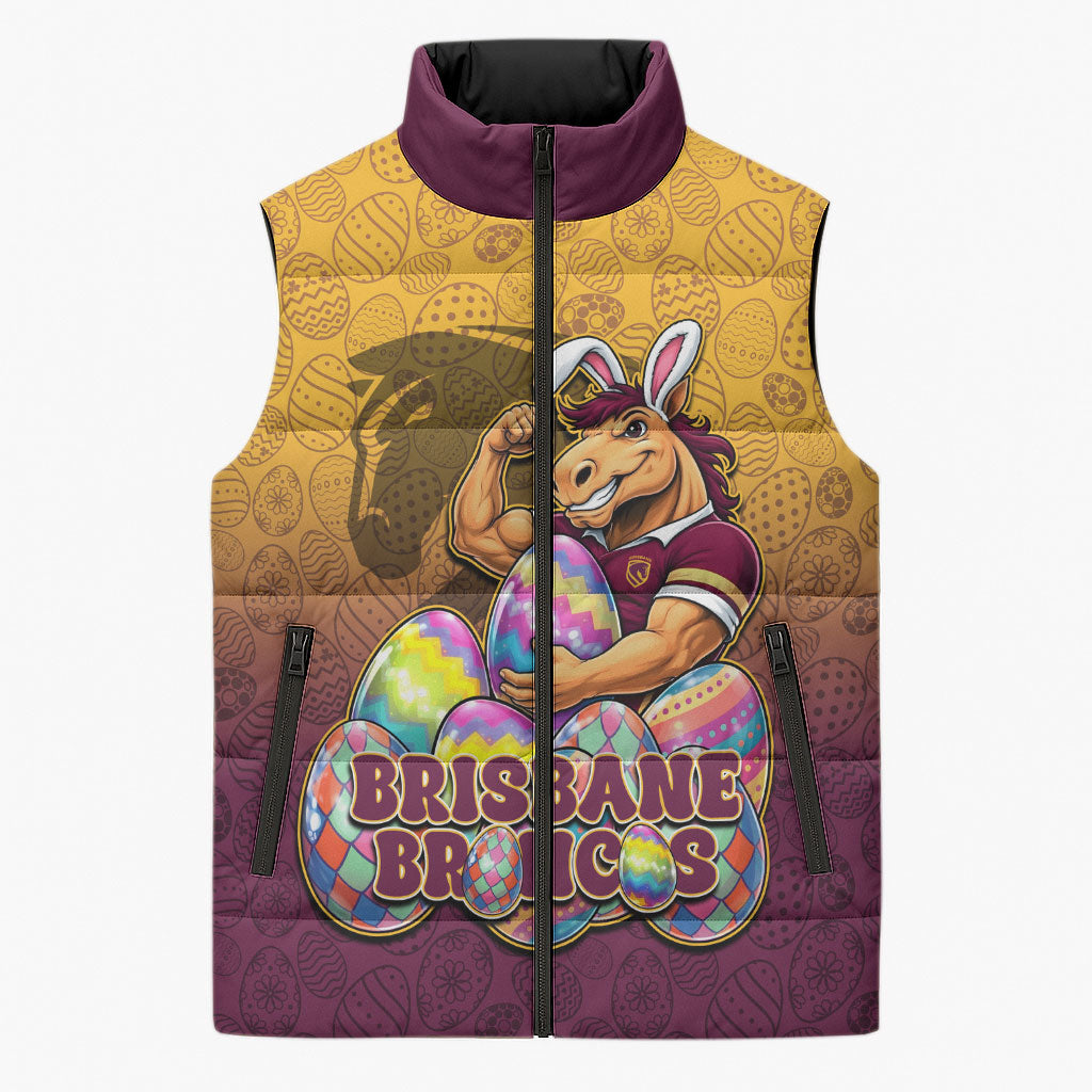 Personalized Brisbane Broncos Sleeveless Puffer Jacket Easter Mascot - Colorful Eggs Cartoon Style