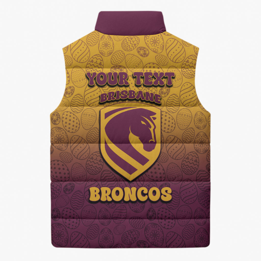 Personalized Brisbane Broncos Sleeveless Puffer Jacket Easter Mascot - Colorful Eggs Cartoon Style